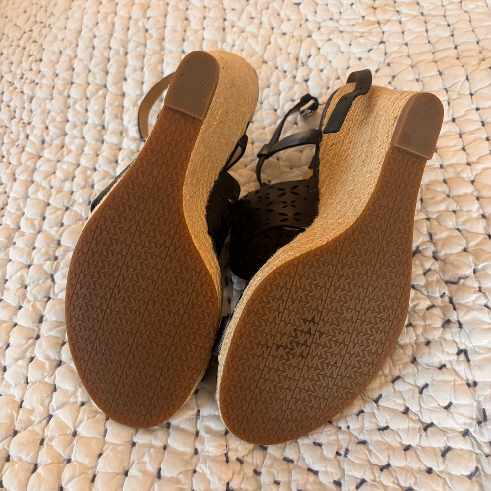 Michael Kors Darci Wedge Black Leather Size 9 Sandal Wedge Heels - Picture 11 of 12